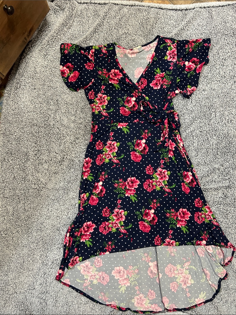 Navy Floral High-Low Wrap Dress with Pink Roses